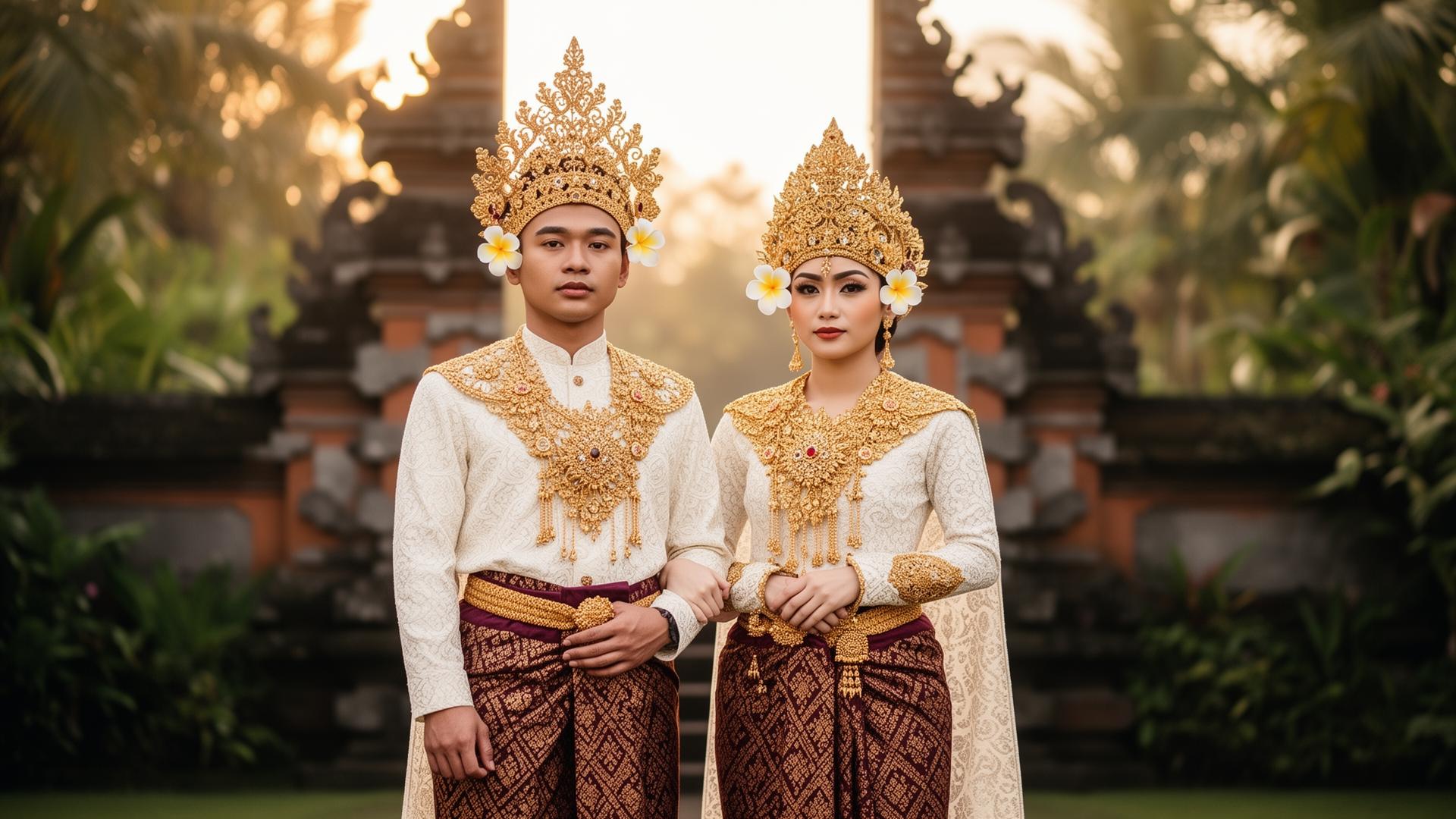 Pasangan mengenakan pakaian adat Bali payas agung